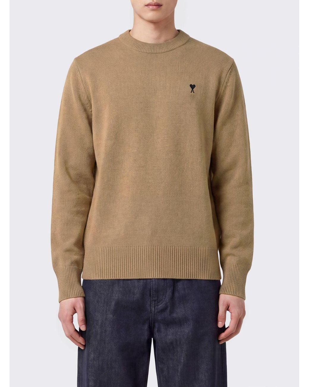 AMI Natural Crewneck Wool Jumper With Ami De Coeur Logo Embroidery for men