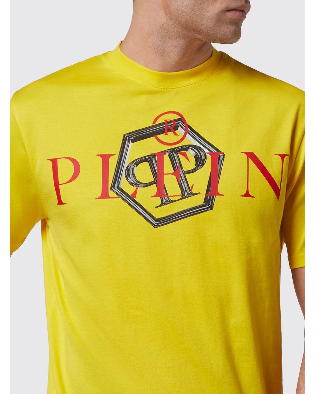 Philipp Plein Yellow Cotton T-Shirt With Crew Neck And Contrasting Logo Print for men