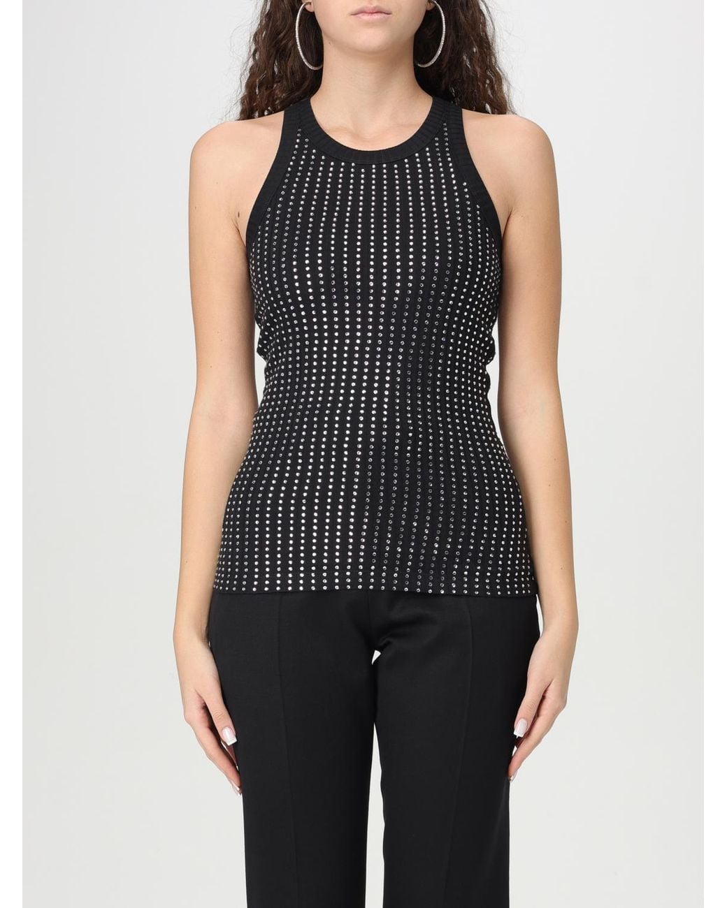The Attico Black Cotton Tank Top With Rhinestones