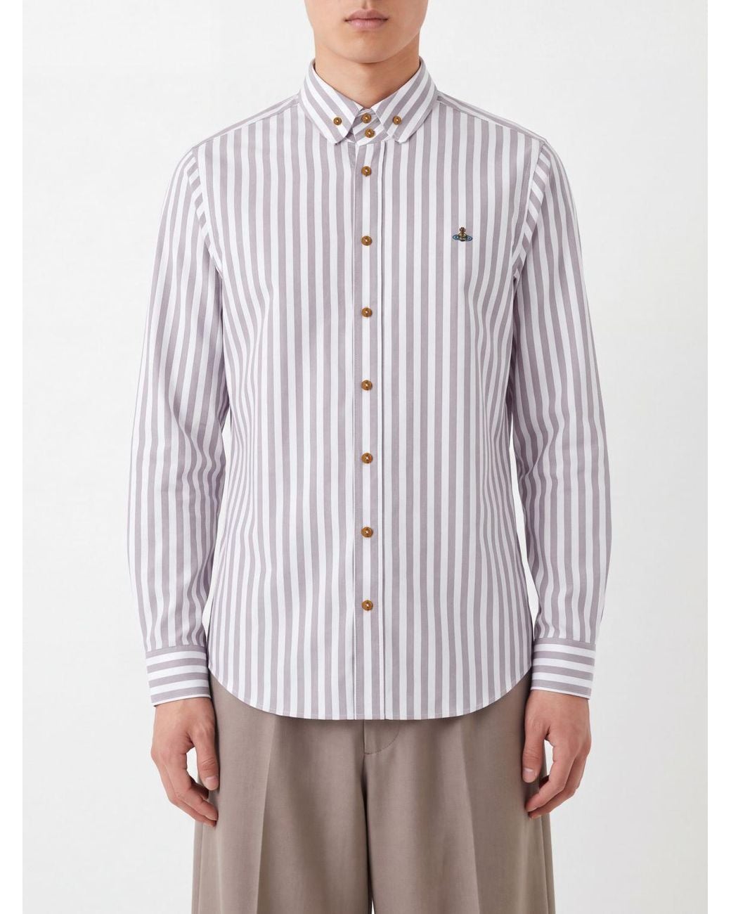 Vivienne Westwood Gray Slim Fit Striped Cotton Shirt With Embroidered Orb Logo for men