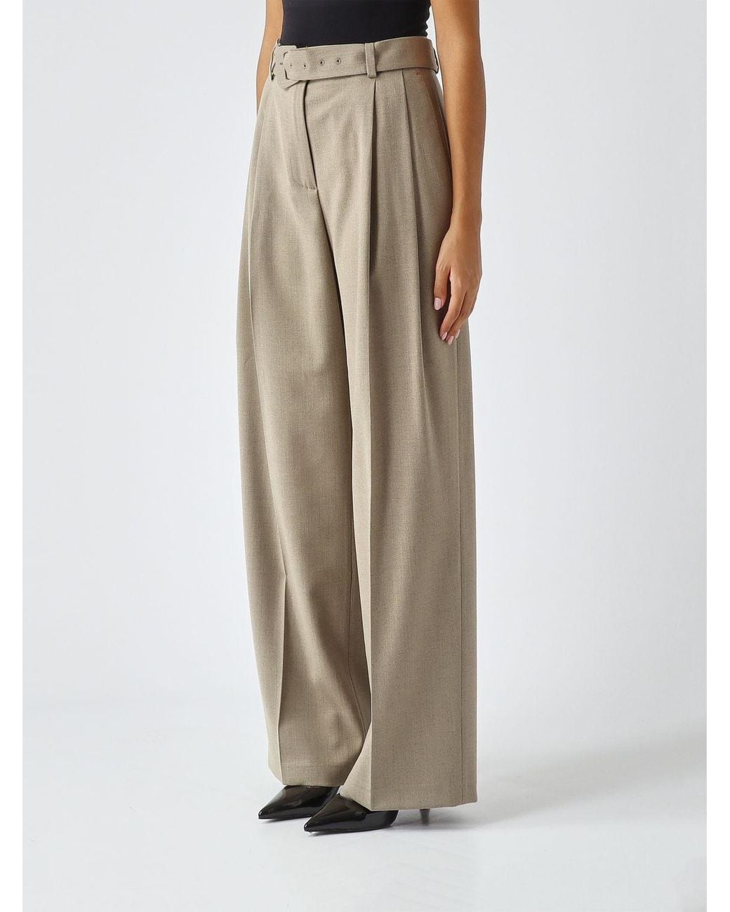 Twinset Natural High-Waisted Wool Blend Palazzo Trousers With Darts