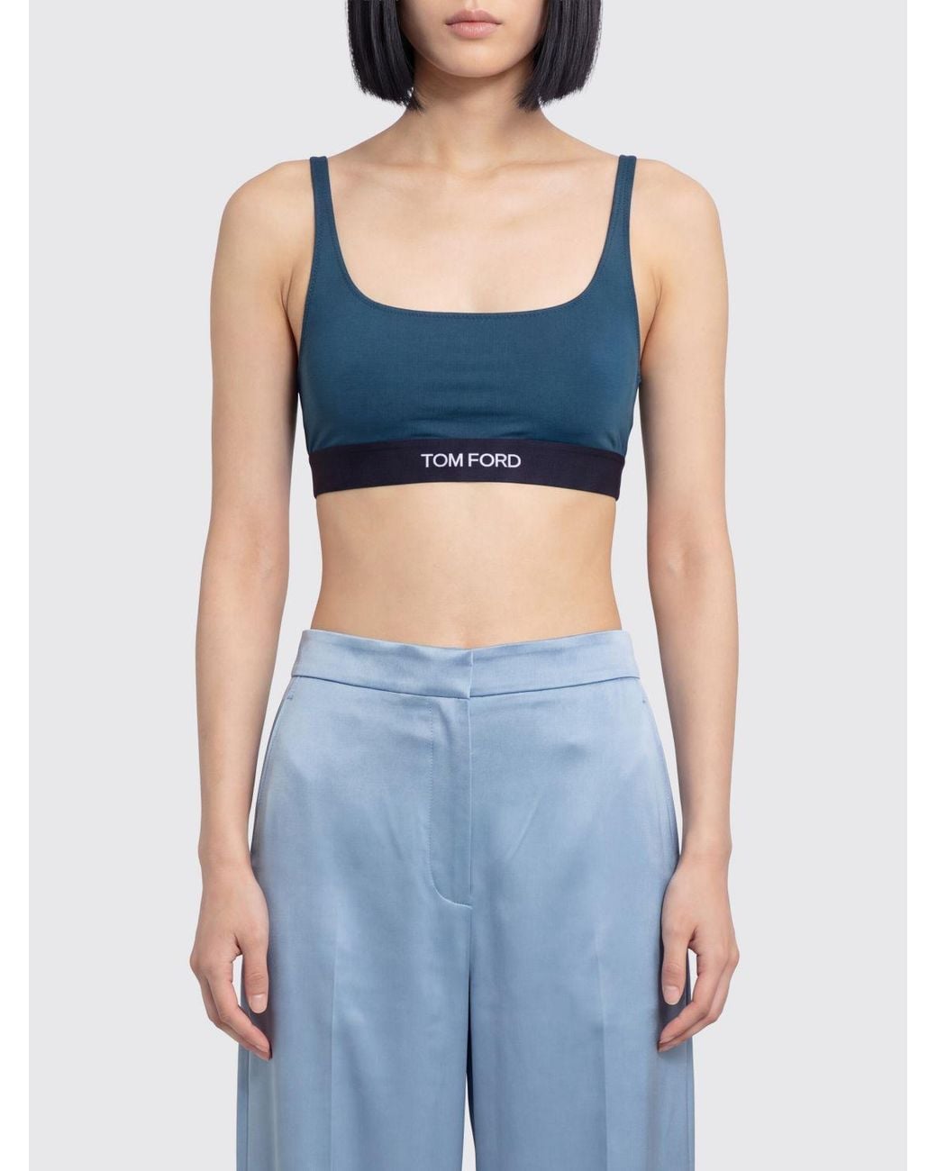 Tom Ford Blue Cropped Modal Bralette Top With Contrast Logo Band