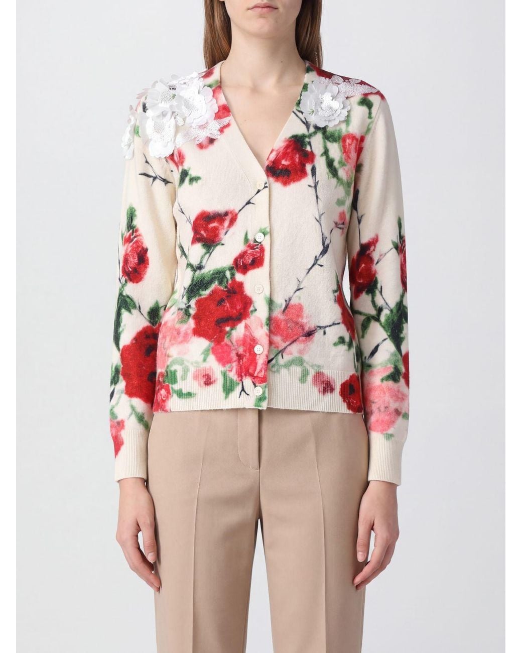 Blumarine Red Wool And Cashmere Cardigan With Floral Embroidery And Sequins