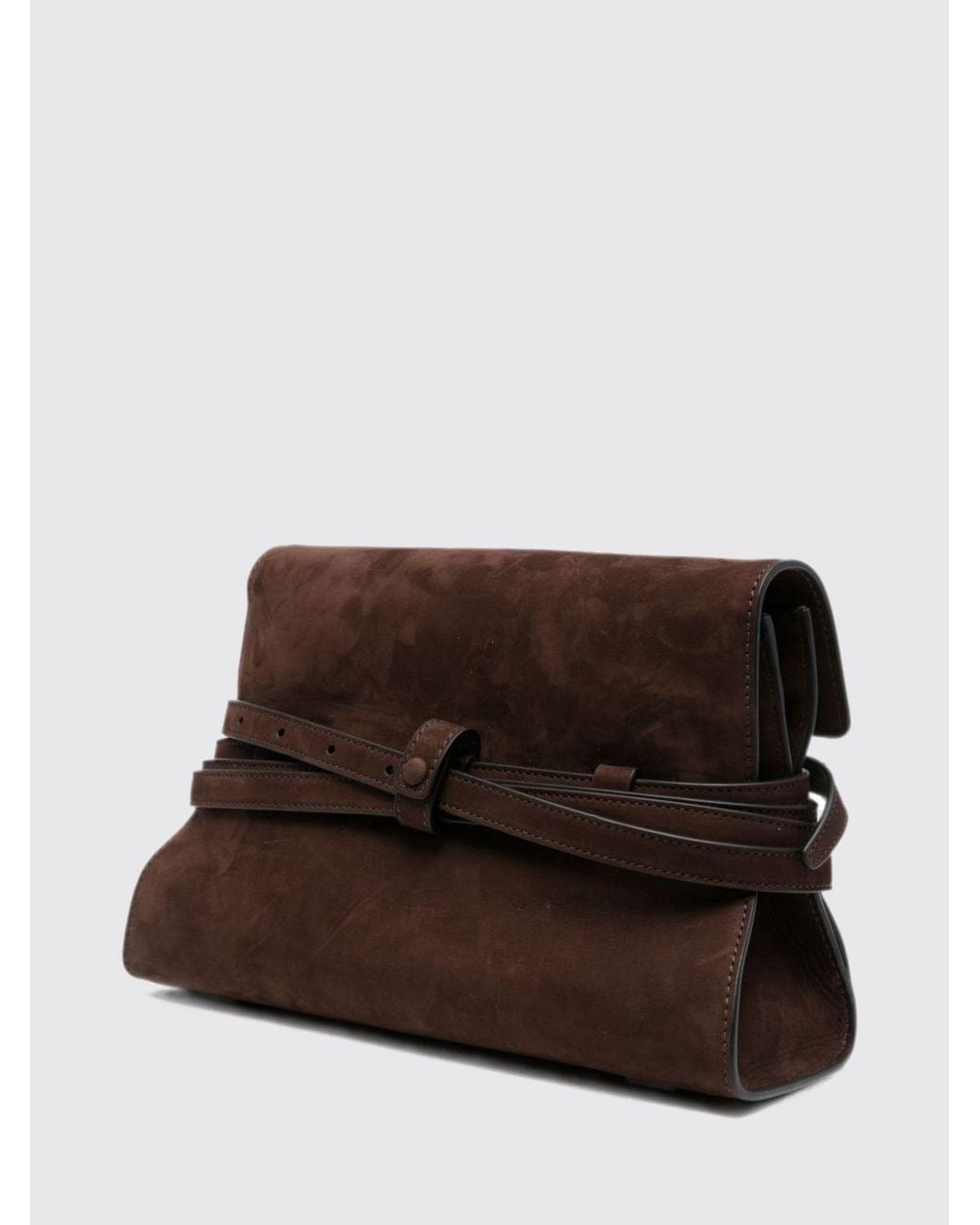 Moschino Couture Brown Suede Clutch With Flared Design And Shoulder Strap
