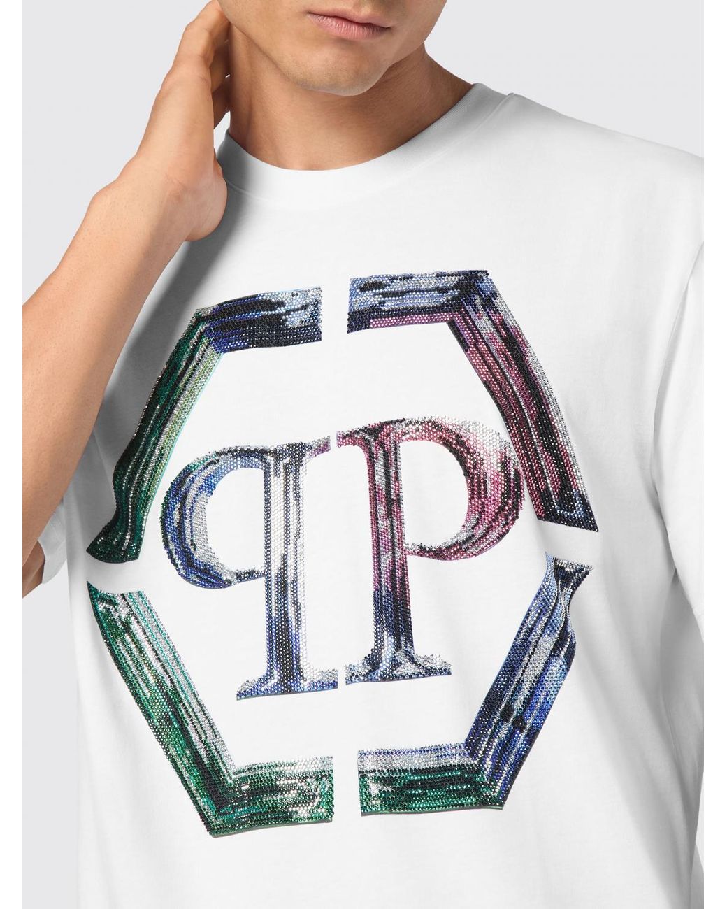 Philipp Plein White Cotton T-Shirt With Monogram And Rhinestone Hexagon Logo for men