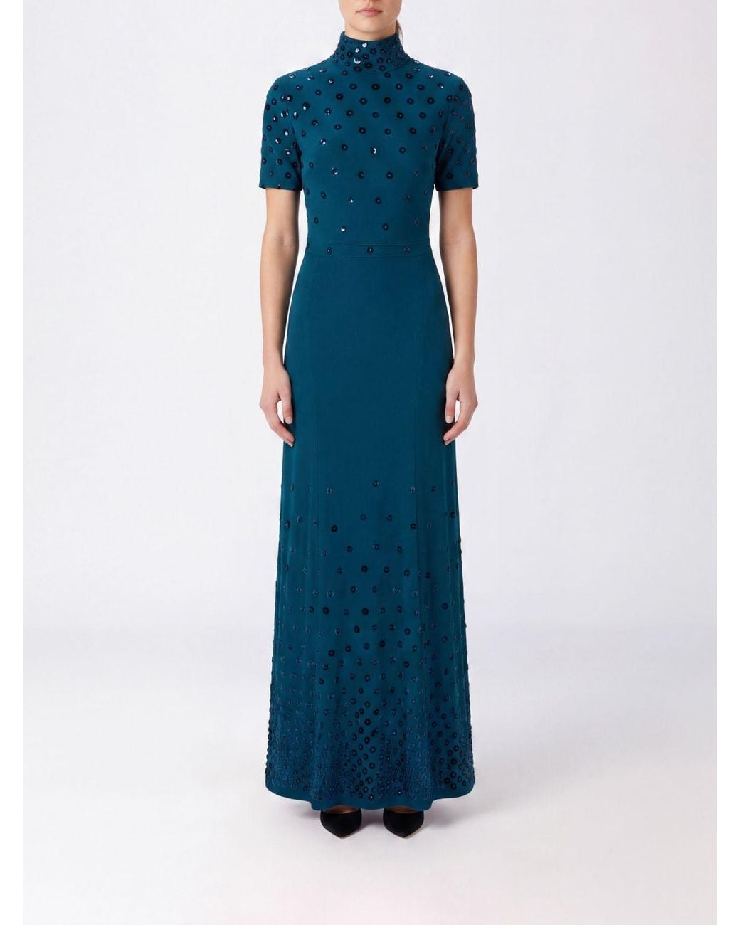Rabanne Blue High-Neck Long Satin Evening Gown With Sequins