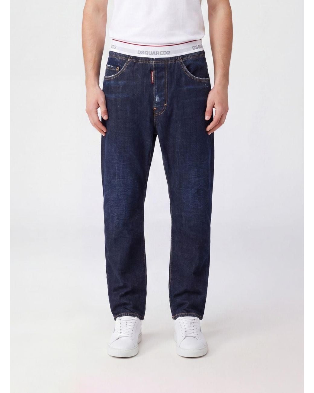 DSquared² Blue Straight Leg Distressed Jeans With Elasticated Logo Waistband for men