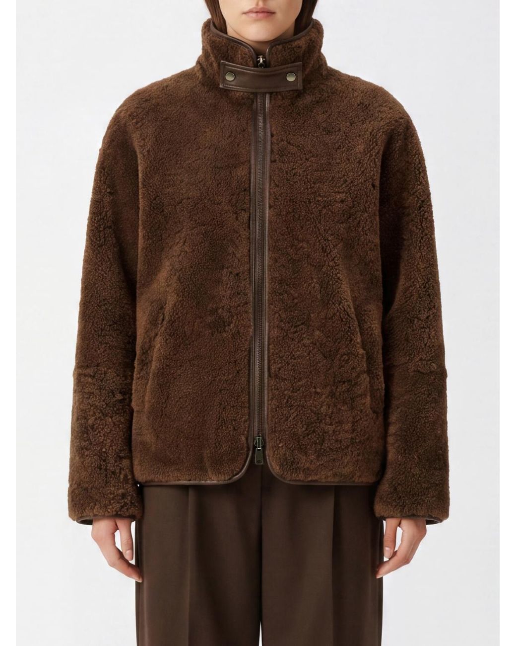 Brunello Cucinelli Brown Reversible Shearling Jacket With High Neck And Zip Fastening