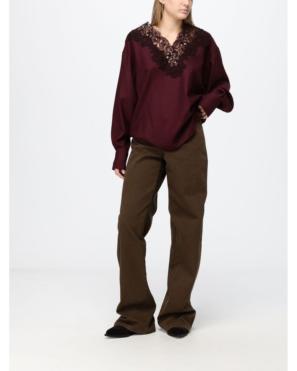 Ermanno Scervino Wool Knit Top With V-Neck And Embroidered Lace Inserts