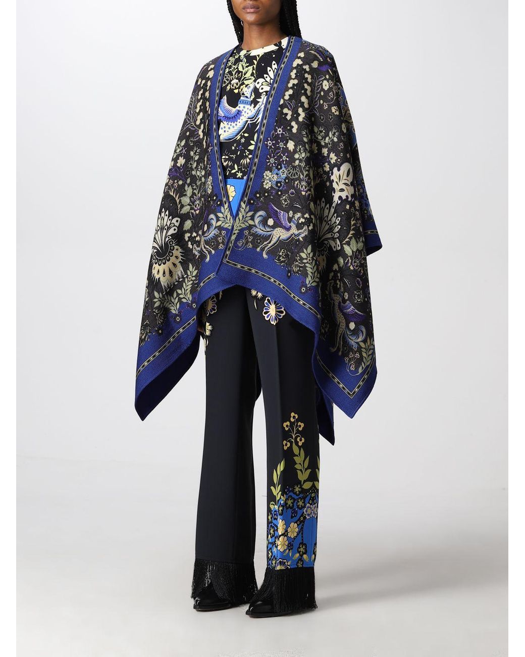 Etro Printed Virgin Wool Cape in Black Womens Clothing Coats Capes 