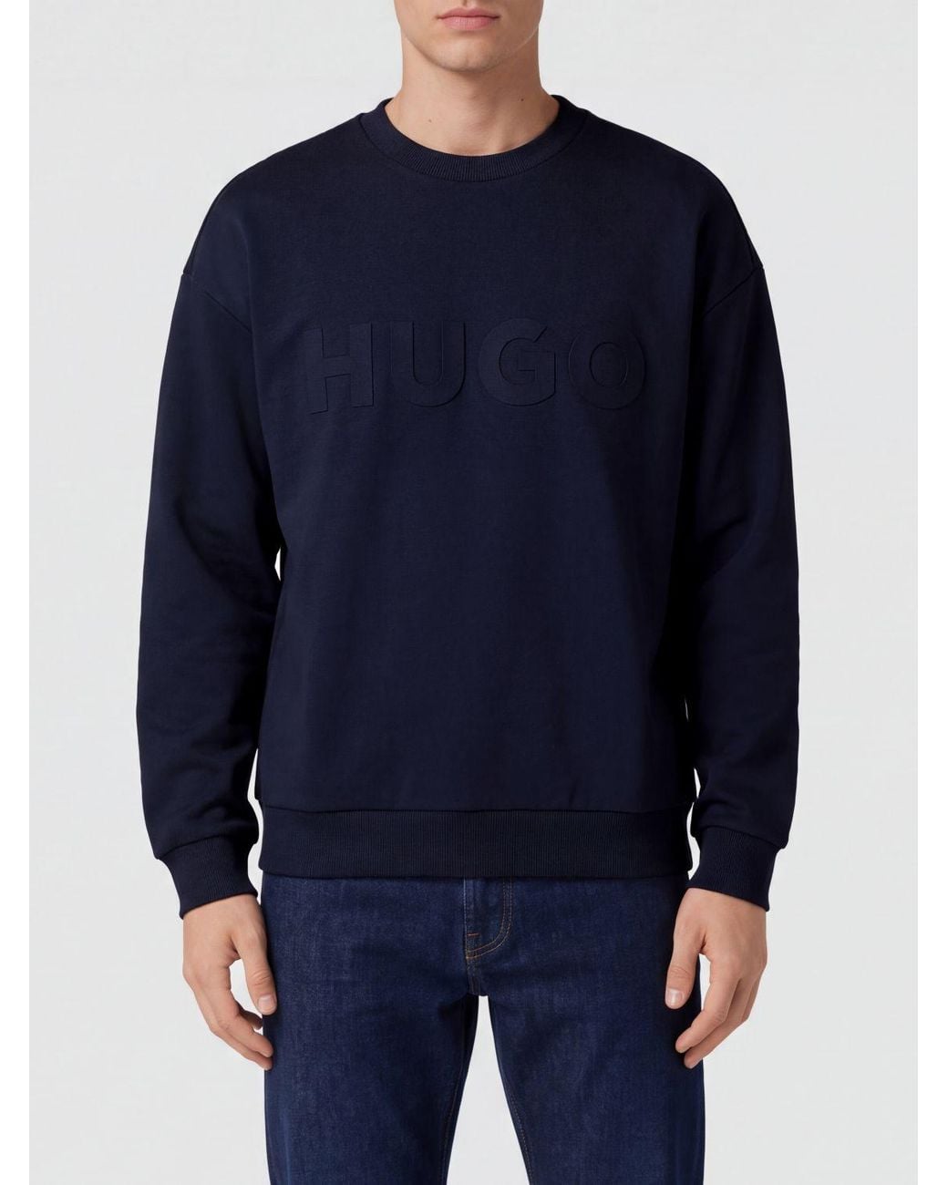 HUGO Blue Crewneck Cotton Sweatshirt With Long Sleeves And Tone-On-Tone Logo for men