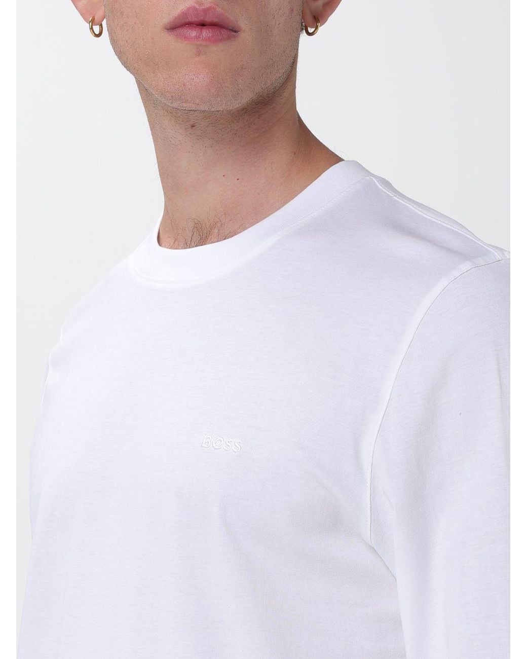 Boss White Long-Sleeved Cotton T-Shirt With Crew Neck for men