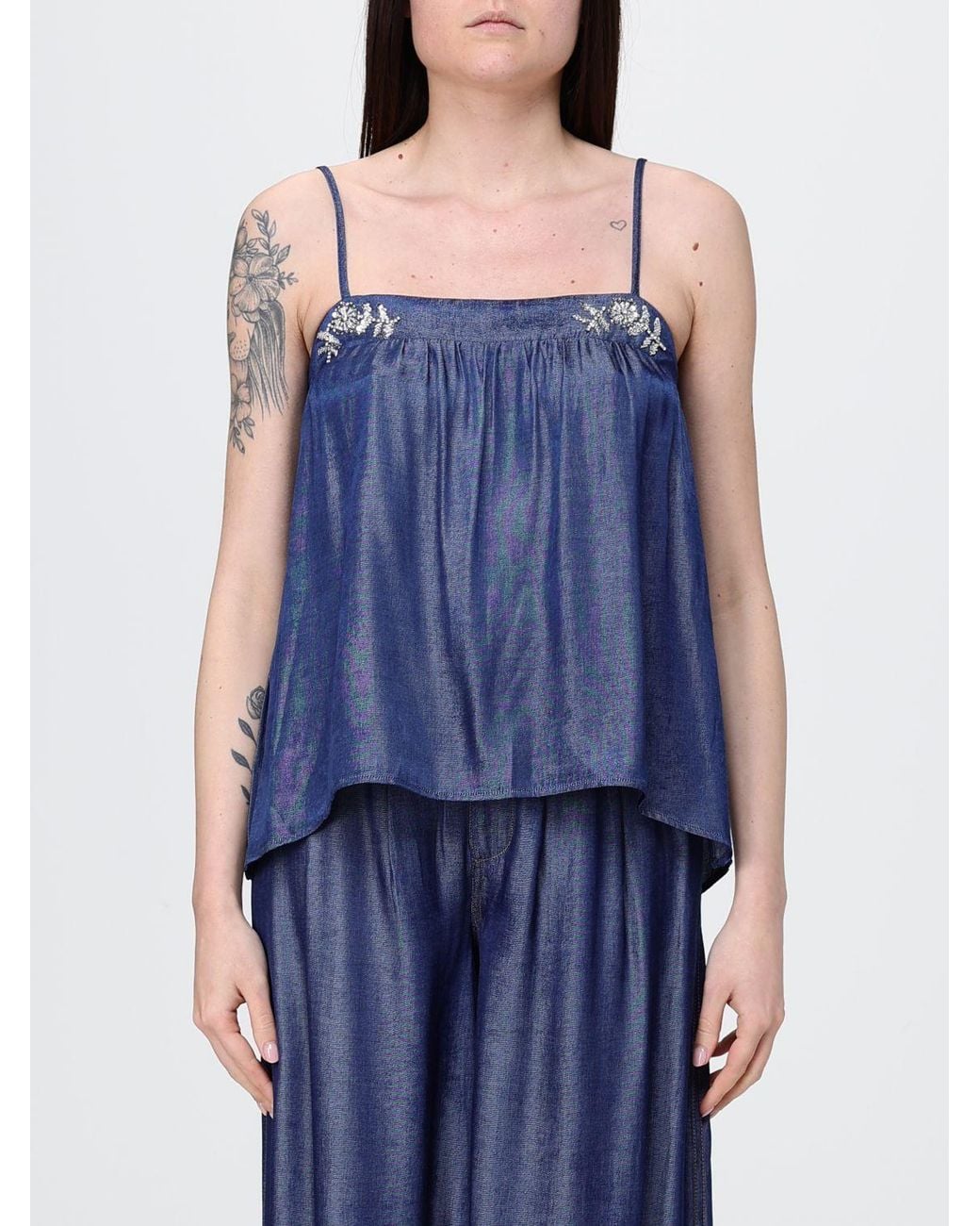 Liu Jo Blue Viscose Blend Top With Applied Rhinestones