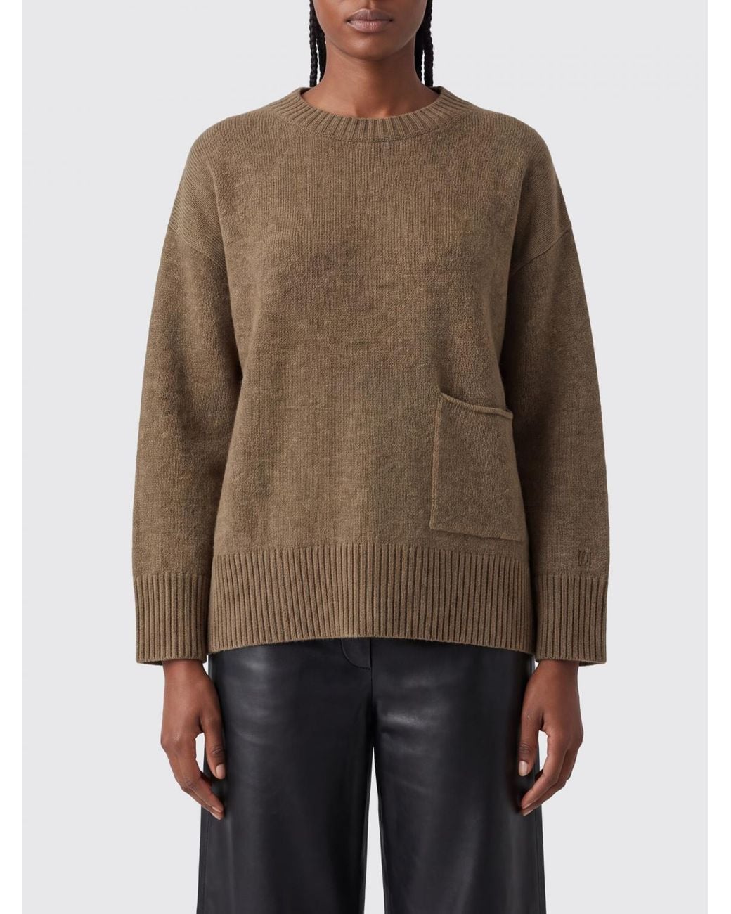 Not Shy Brown Pure Cashmere Crewneck Jumper With Applied Patch Pocket