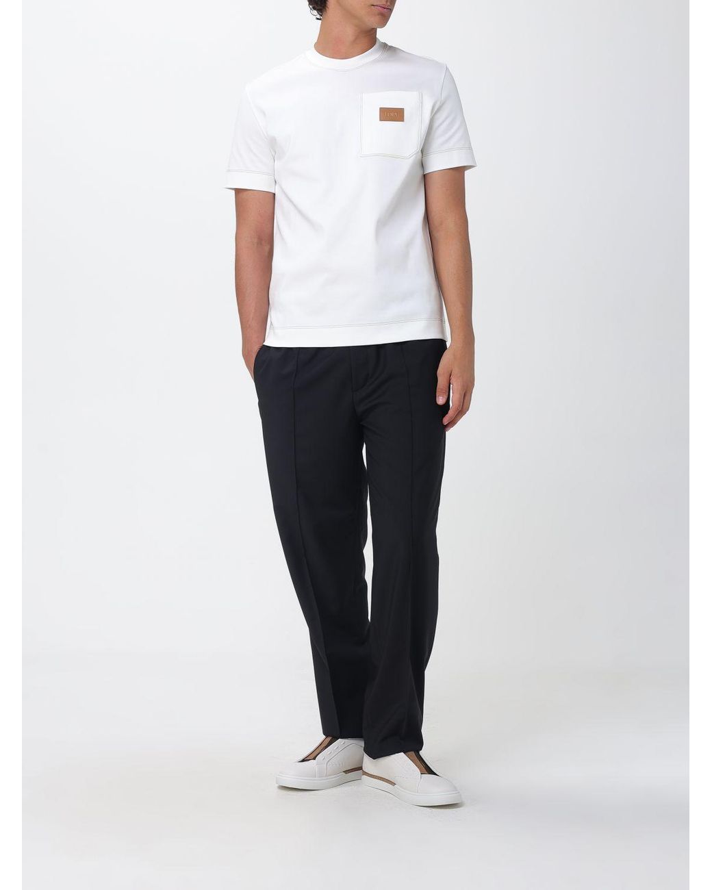 Fendi White Cotton T-Shirt With Patch Pocket And Applied Logo for men