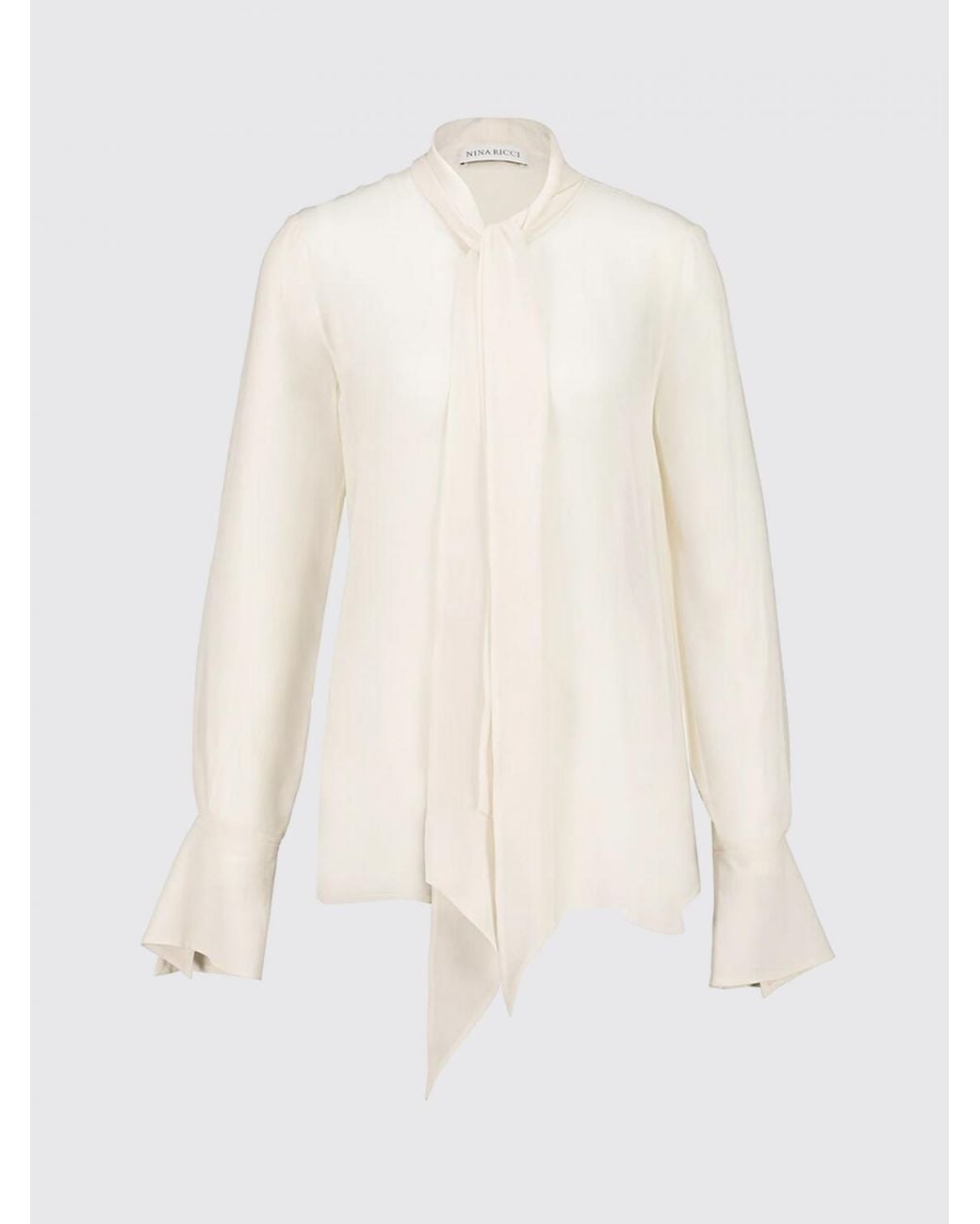 Nina Ricci White Pussy-Bow Silk Blouse With Flared Cuffs
