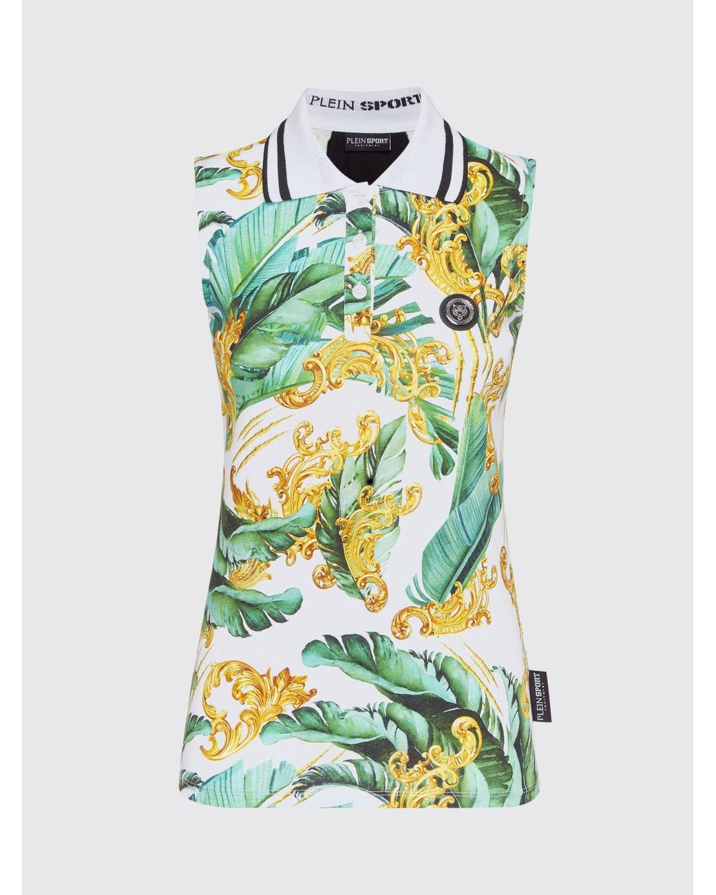 Philipp Plein Green Sleeveless Cotton Polo Shirt With All-Over Baroque Print