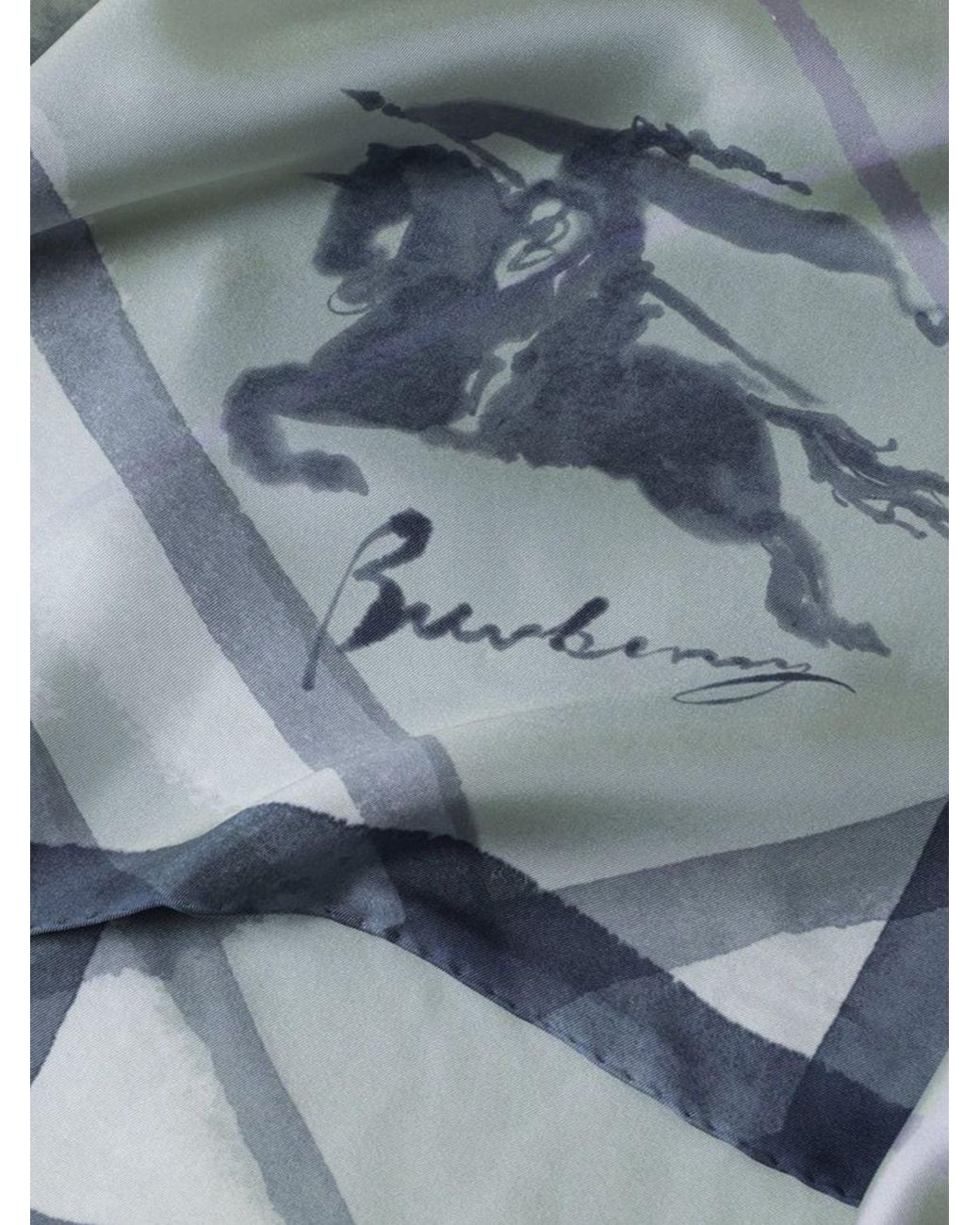 Burberry Blue Pure Mulberry Silk Scarf With Check Pattern And Ekd Logo