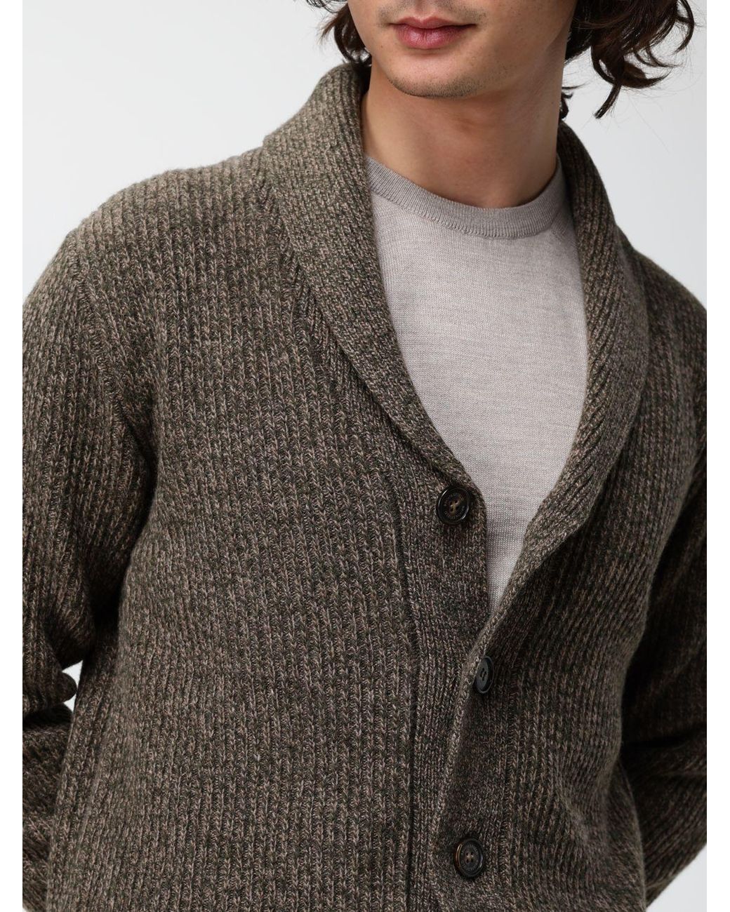 Brooksfield Gray Shawl Collar Ribbed Wool Cardigan With Buttons for men