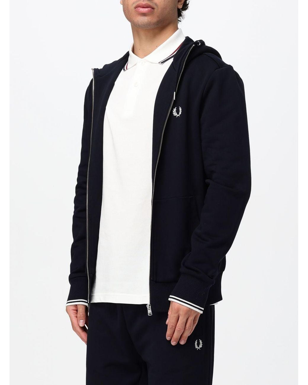 Fred Perry Blue Cotton Zip-Up Hoodie With Kangaroo Pockets And Embroidered Logo for men