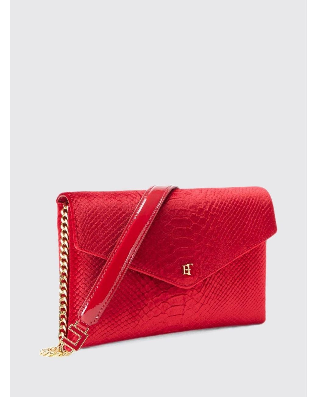 Elisabetta Franchi Red Velvet Envelope Clutch With Crocodile Print And Monogram