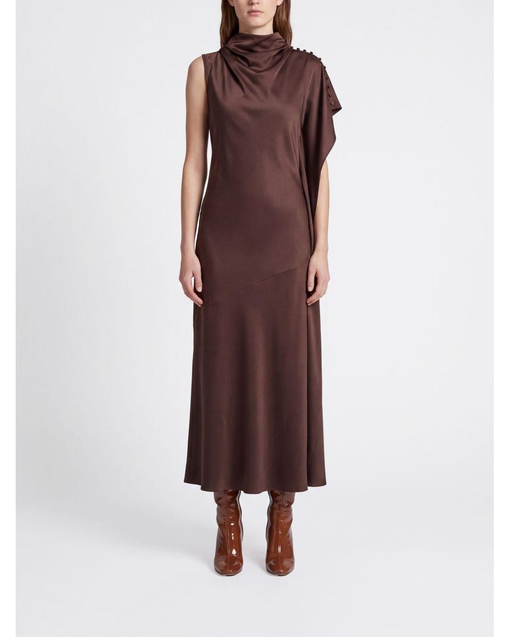 Pinko Brown Asymmetrical One-Shoulder Satin Midi Ceremony Dress