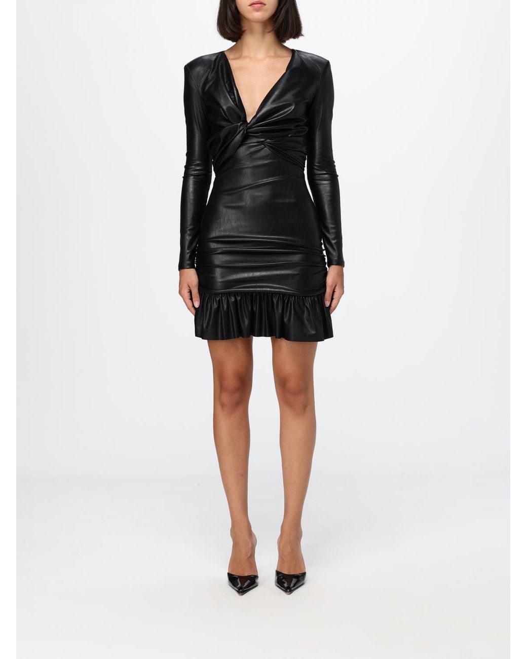 Elisabetta Franchi Black V-Neck Faux Leather Long Sheath Dress