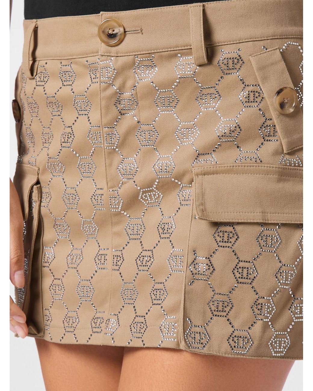Philipp Plein Natural High-Waisted Cargo Mini Skirt With Rhinestone Hexagon Logo
