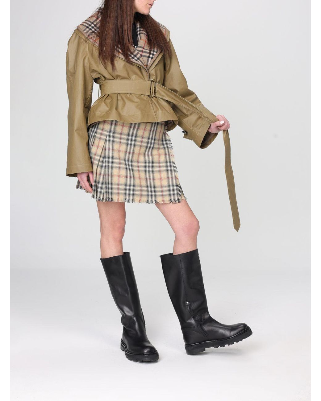 Burberry Natural Waxed Cotton And Wool Jacket With Belt