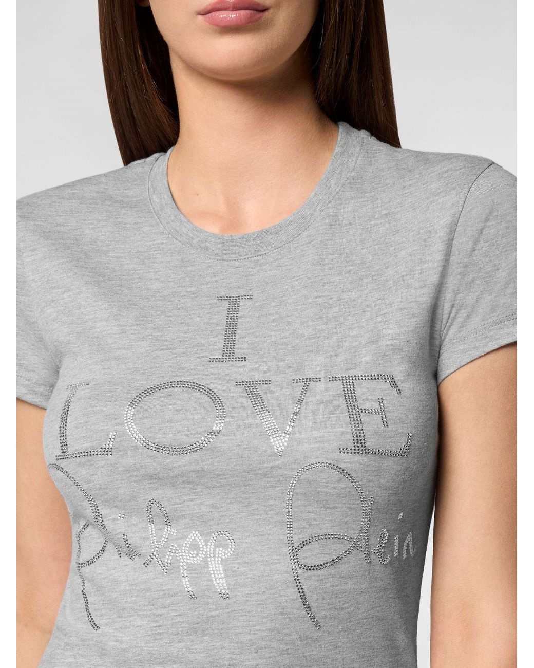 Philipp Plein Gray Jersey T-Shirt With Slogan Print And Rhinestone Embellishments