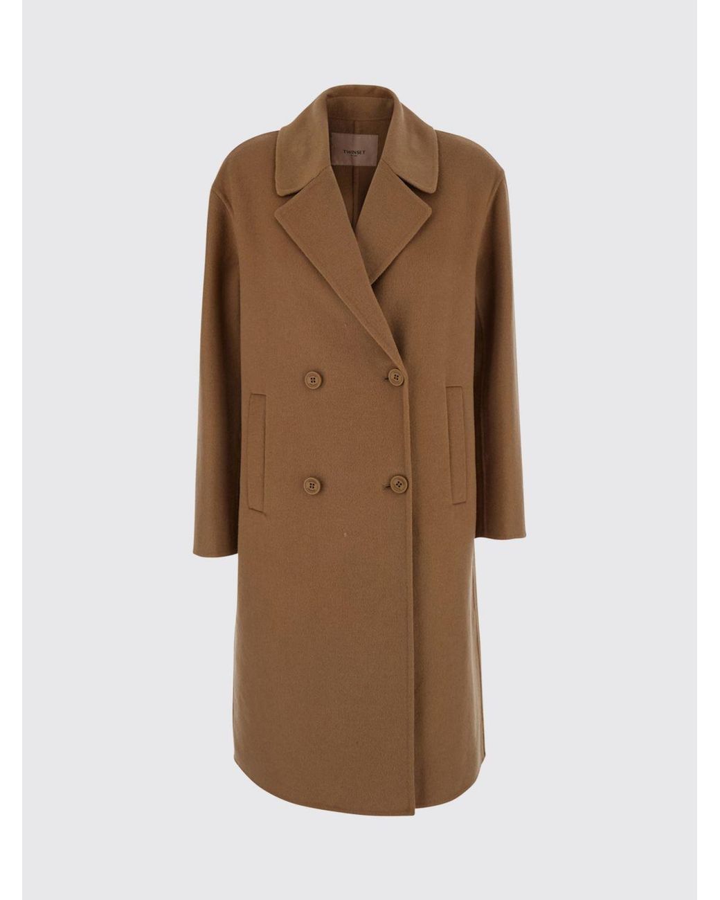 Twinset Natural Double-Breasted Knee-Length Wool Coat With Lapels And Welt Pockets