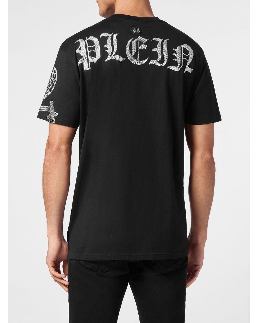 Philipp Plein Black Cotton Jersey T-Shirt With Rhinestone Logo And Crew Neck for men