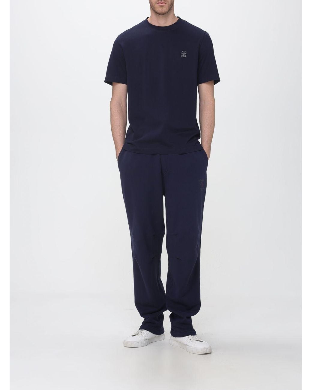 Brunello Cucinelli Blue Cotton Crew-Neck T-Shirt With Contrast Logo for men