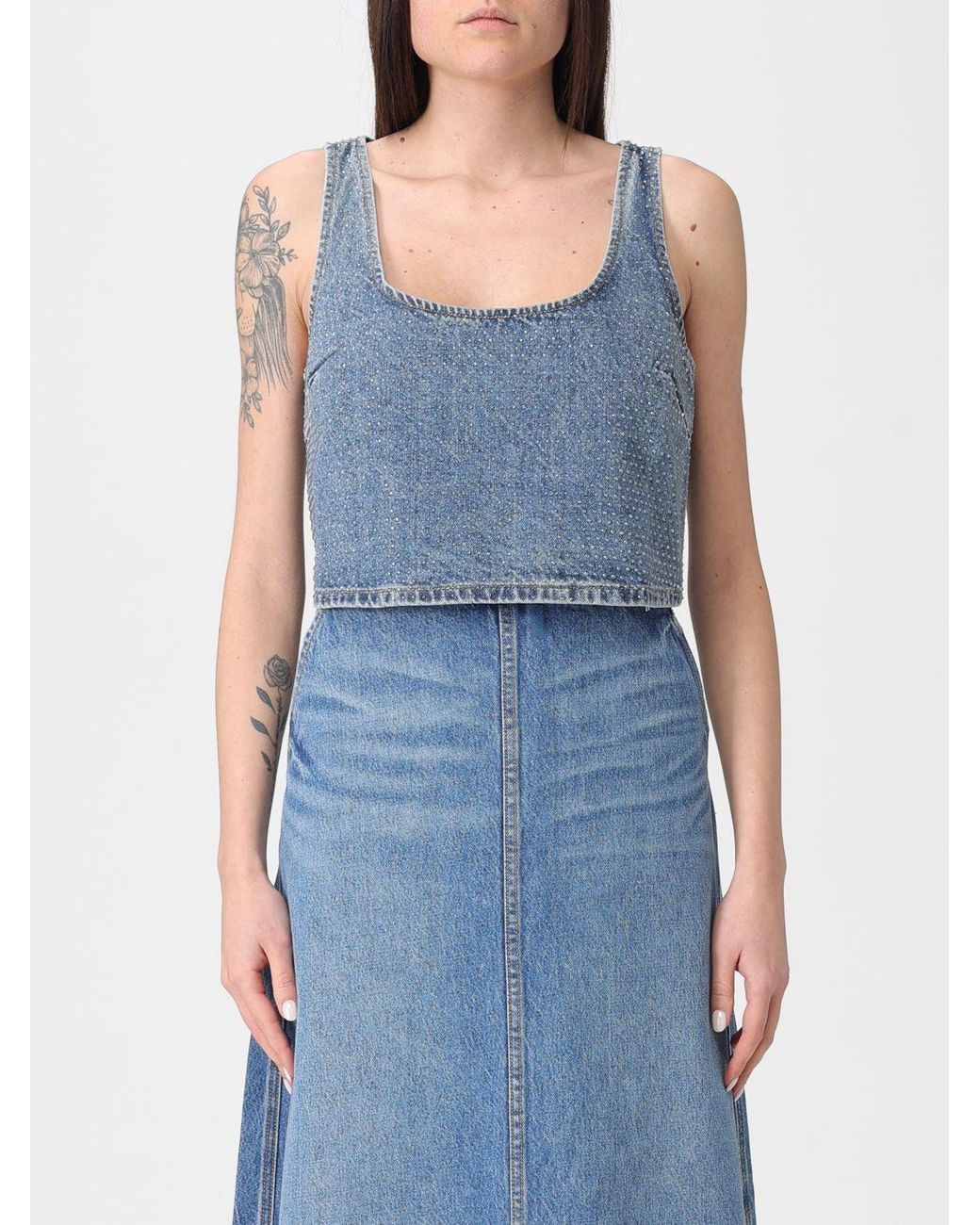 Self-Portrait Blue Cotton Denim Cropped Top With Rhinestones