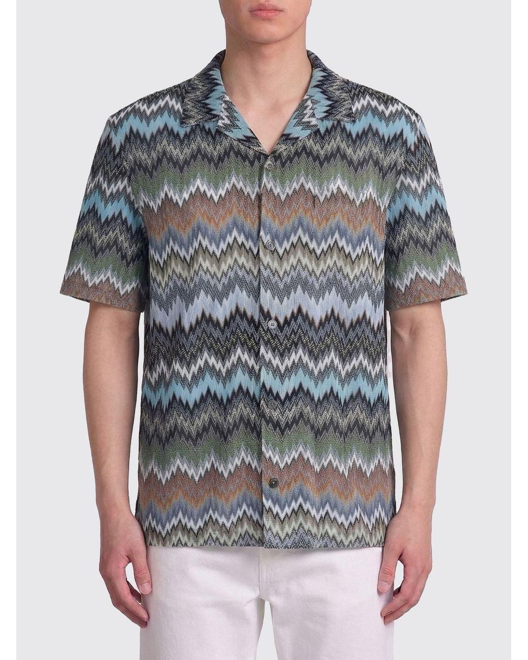 Missoni Blue Casual Viscose Shirt With Zigzag Print for men