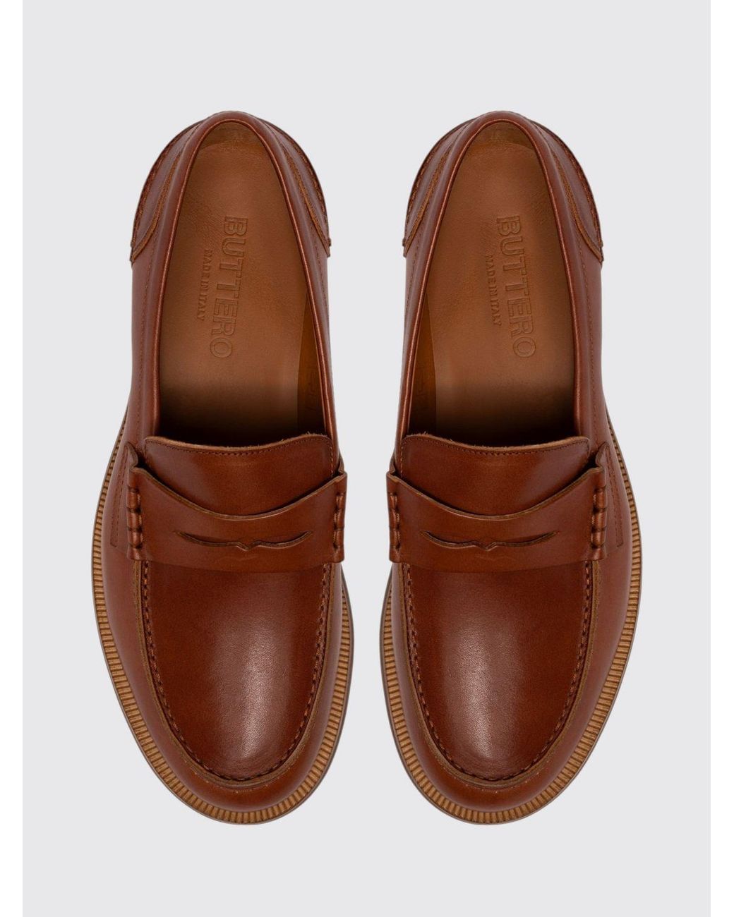 Buttero Brown Smooth Leather Penny Loafers With Raised Apron Toe