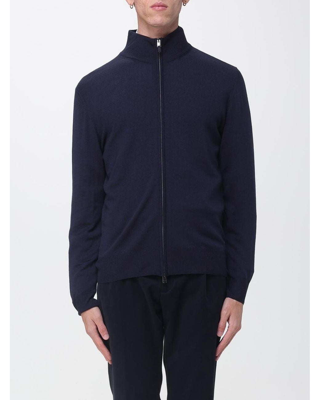 Canali Blue Wool Cardigan Jumper With Turtleneck And Zip Closure for men