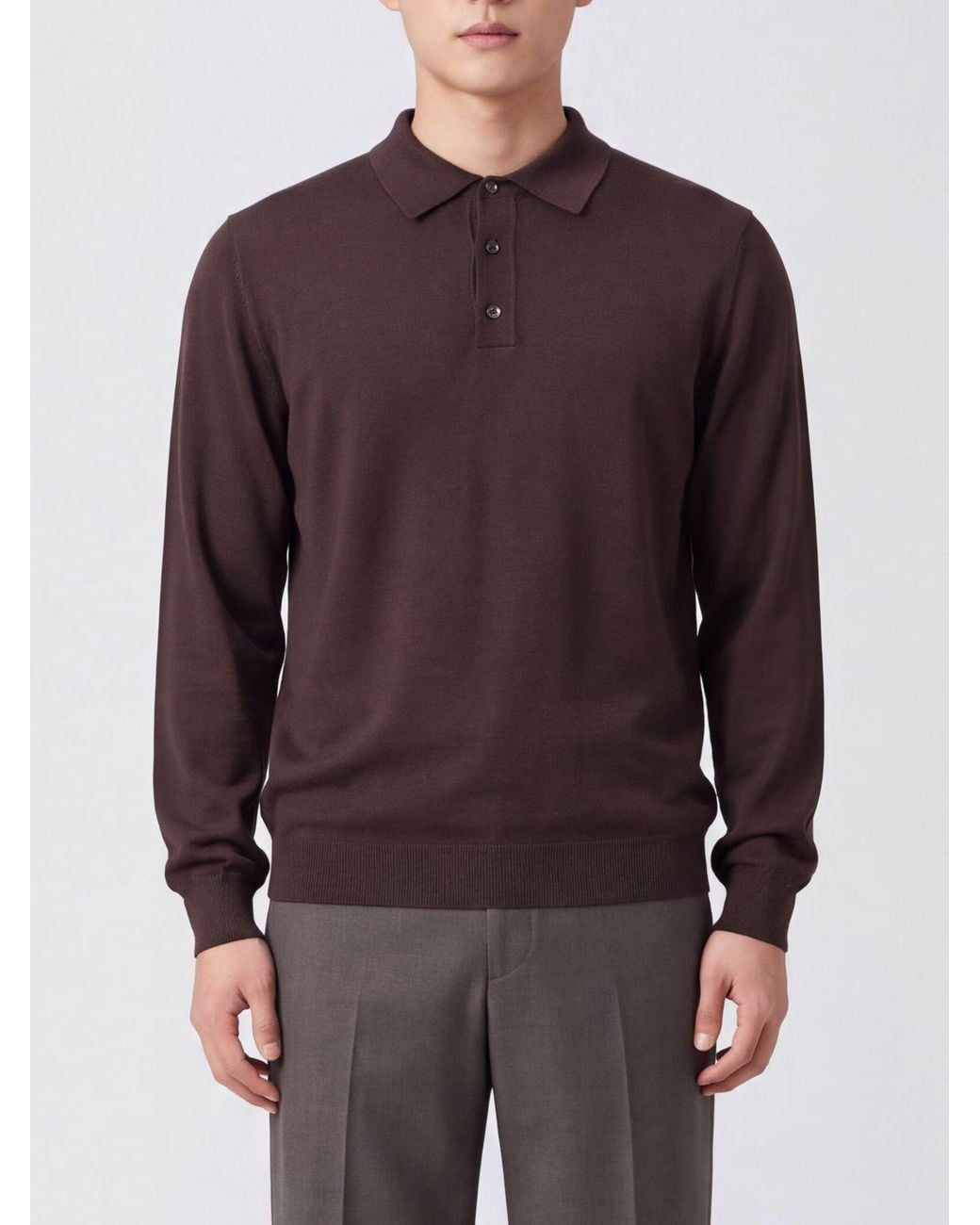 Zanone Brown Long-Sleeved Knit Wool Polo With Three-Button Placket for men
