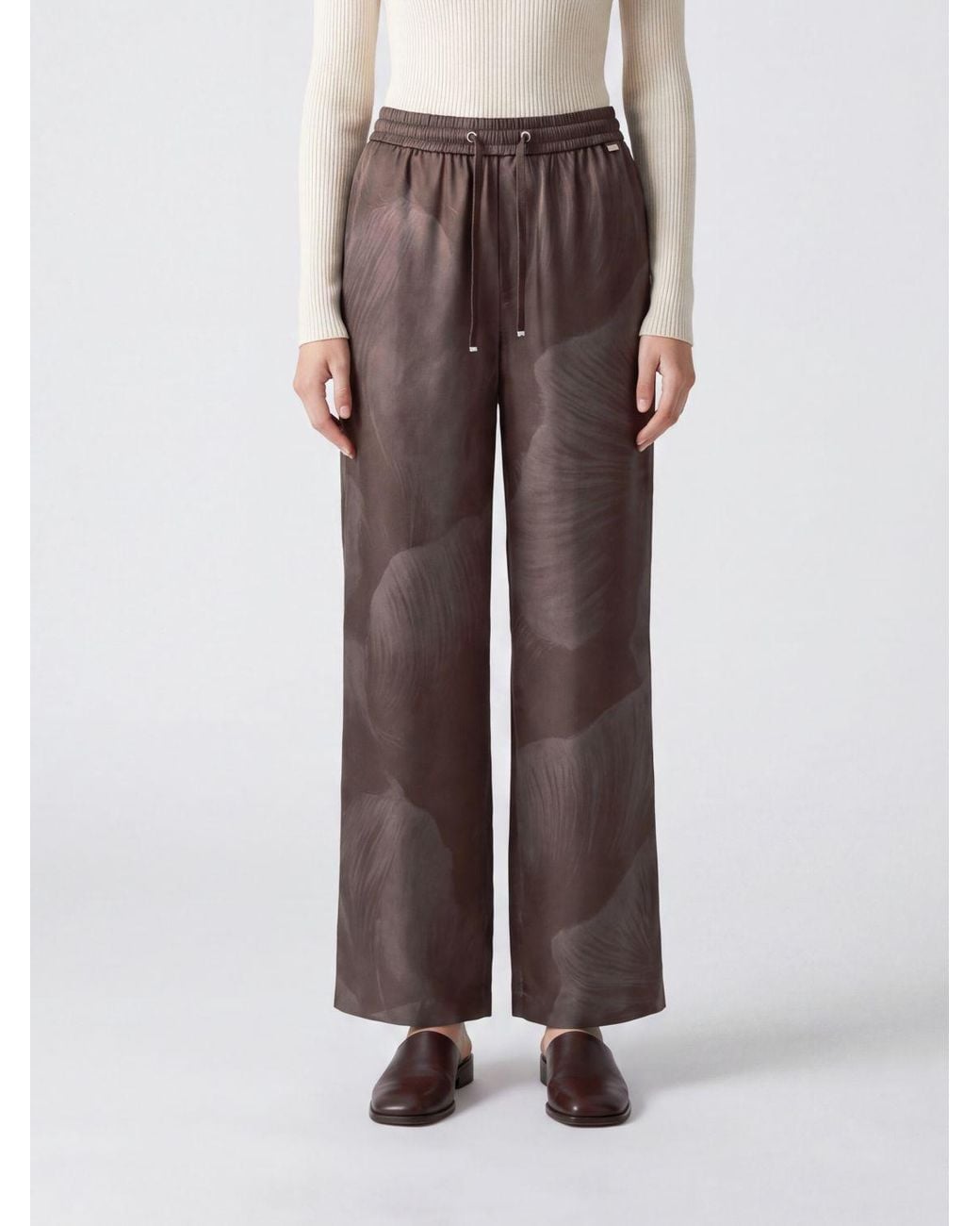 Herno Brown Floral Print Silk Straight-Leg Trousers With Drawstring Waist