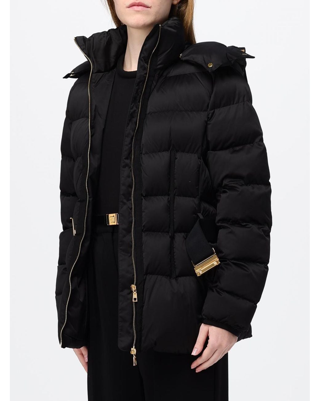 Elisabetta Franchi Black Short Quilted Puffer Jacket With Removable Hood And Belt