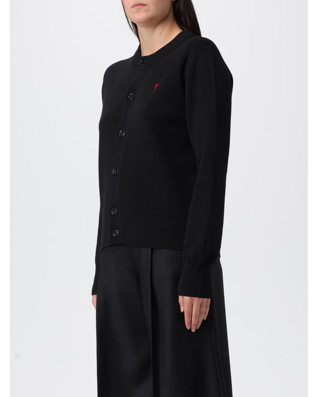 AMI Black Crew Neck Wool Cardigan With Logo