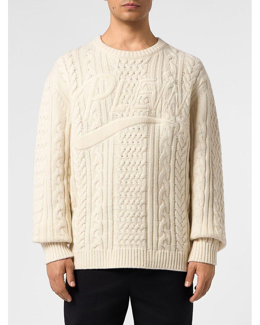 Philipp Plein Natural Relaxed Fit Cable-Knit Wool Crew-Neck Jumper for men