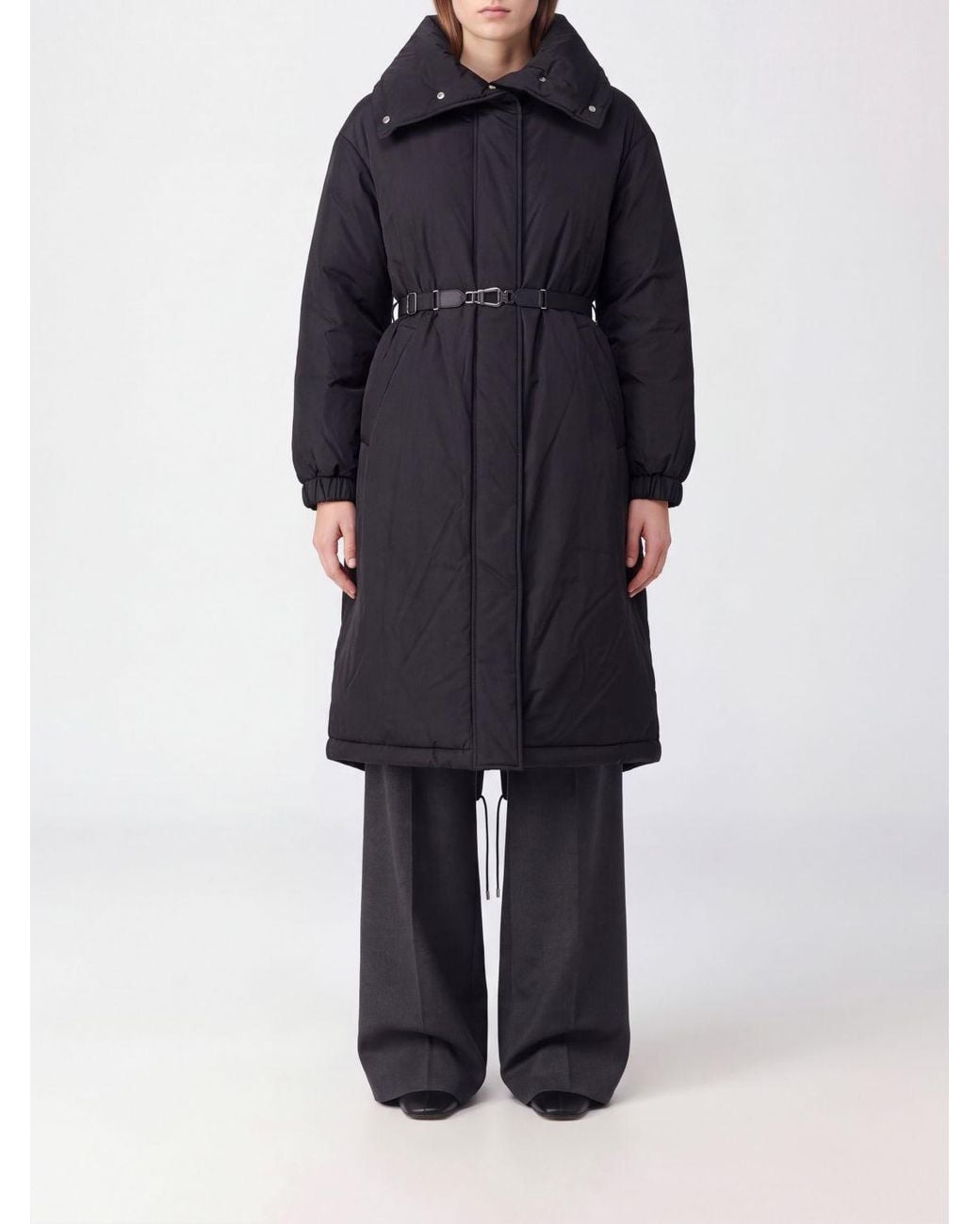 Moorer Blue Long Nylon Puffer Coat With Sailor Collar And Waist Belt