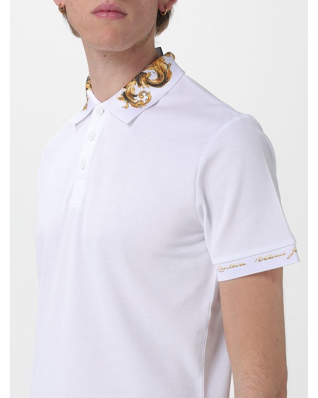 Versace Jeans Couture White Cotton Polo Shirt With Baroque Print Collar for men