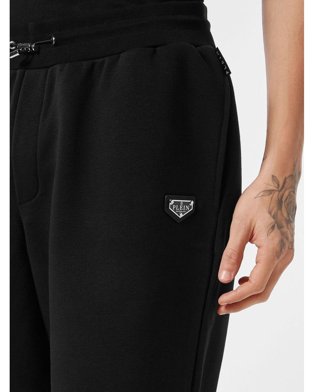 Philipp Plein Black Jersey Sport Shorts With Drawstring And Metallic Logo for men