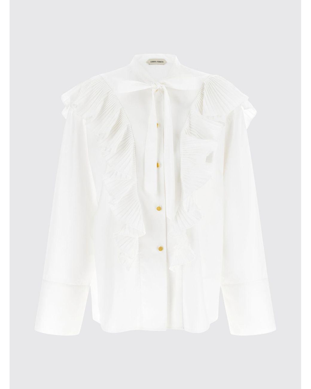 Alberta Ferretti White Cotton Pussy-Bow Shirt With Ruffles