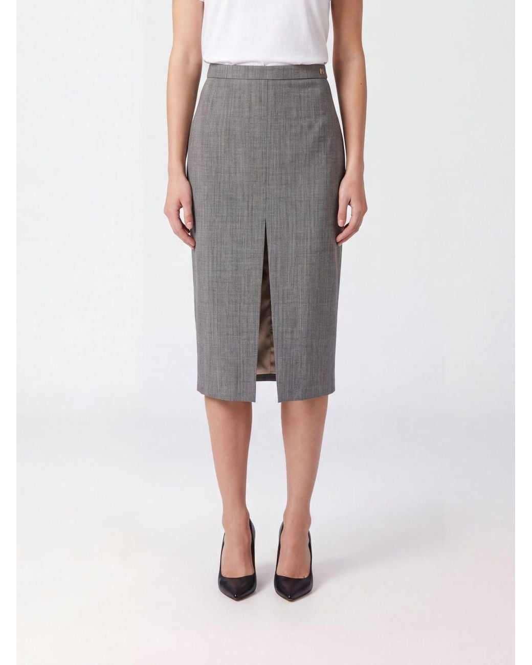 Elisabetta Franchi Gray High-Waisted Virgin Wool Midi Pencil Skirt