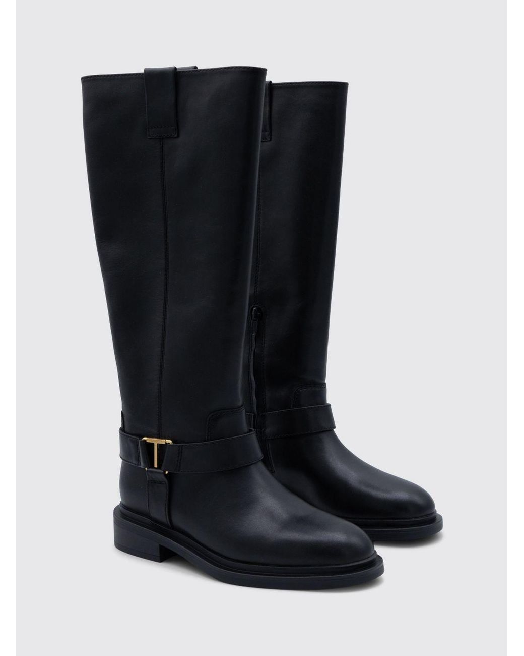 Twinset Blue Knee-High Smooth Leather Biker Boots With Double Pull-Tabs