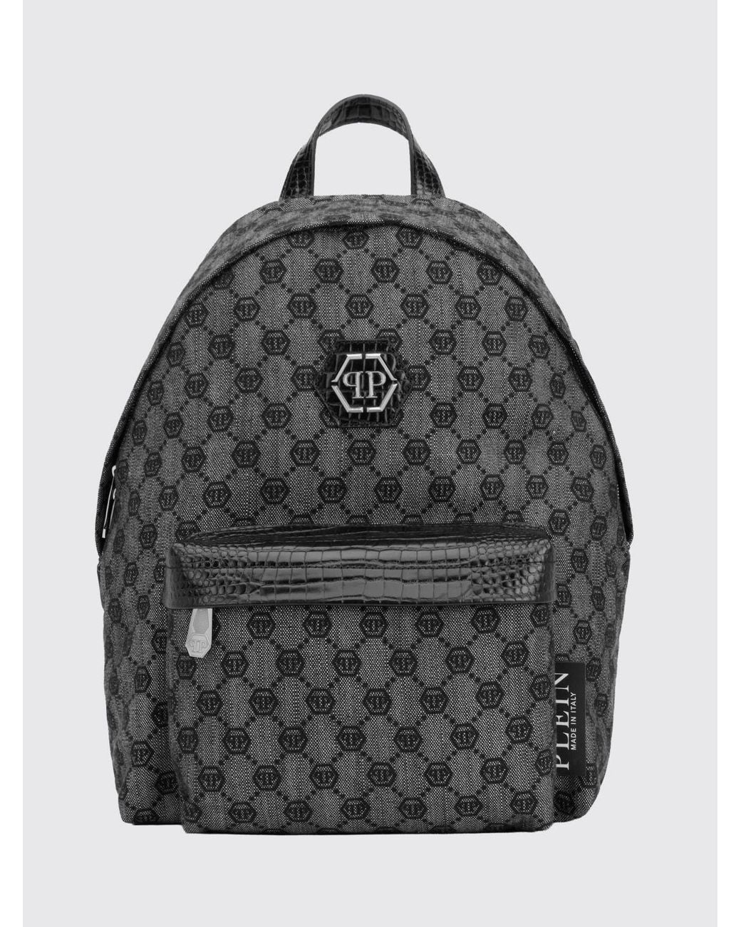 Philipp Plein Gray Jacquard Monogram Denim Backpack With Hexagon Logo for men