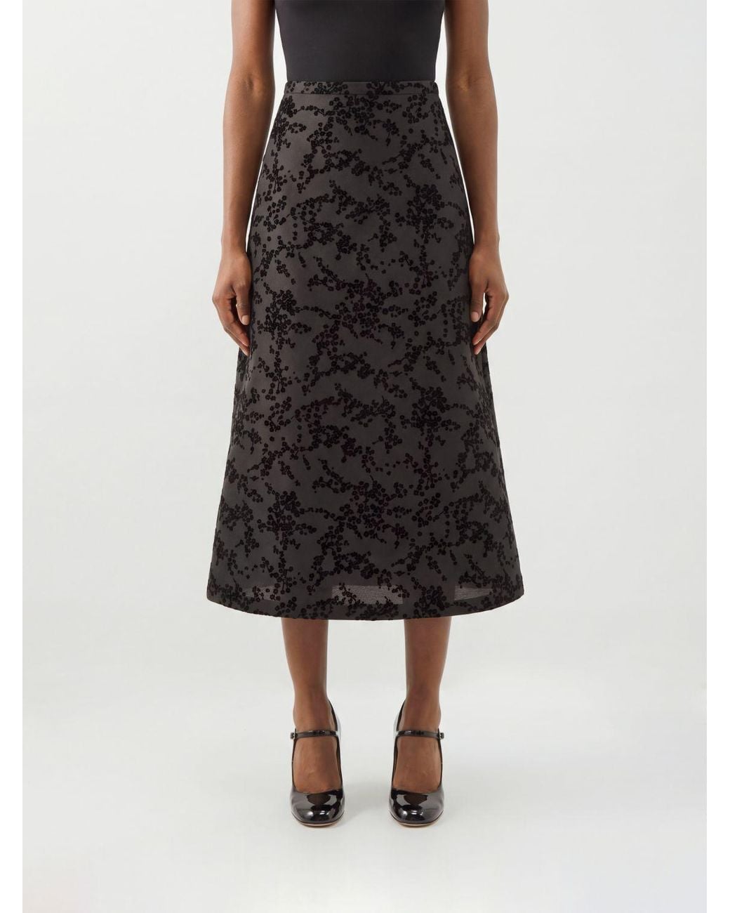 Alberta Ferretti Black Floral-Print Silk-Blend A-Line Midi Skirt With A High Waist